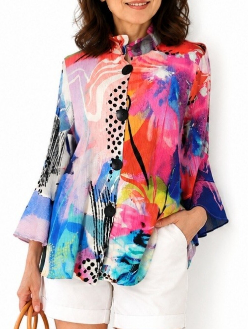 ALI MILES Women's SZ Large Wearable Art Blouse Wire Collar Abstract Print Tunic